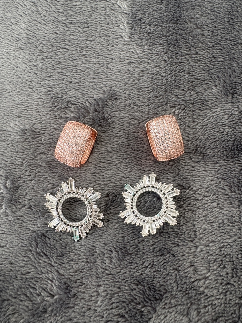Rose Gold Pavé Huggie Earrings with Silver Sunburst Drop